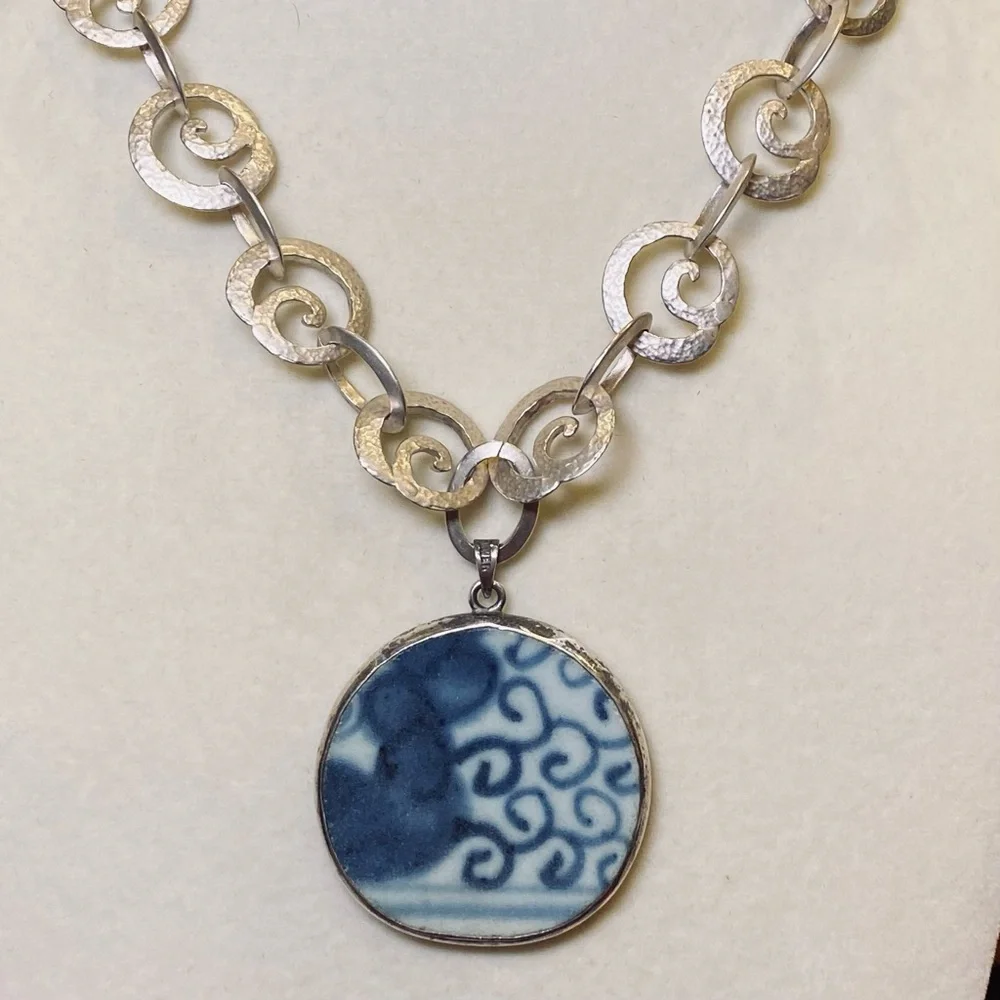 Hand made Sterling OOAK Sterling Upcycled Japanese Pottery Pendant and Chain